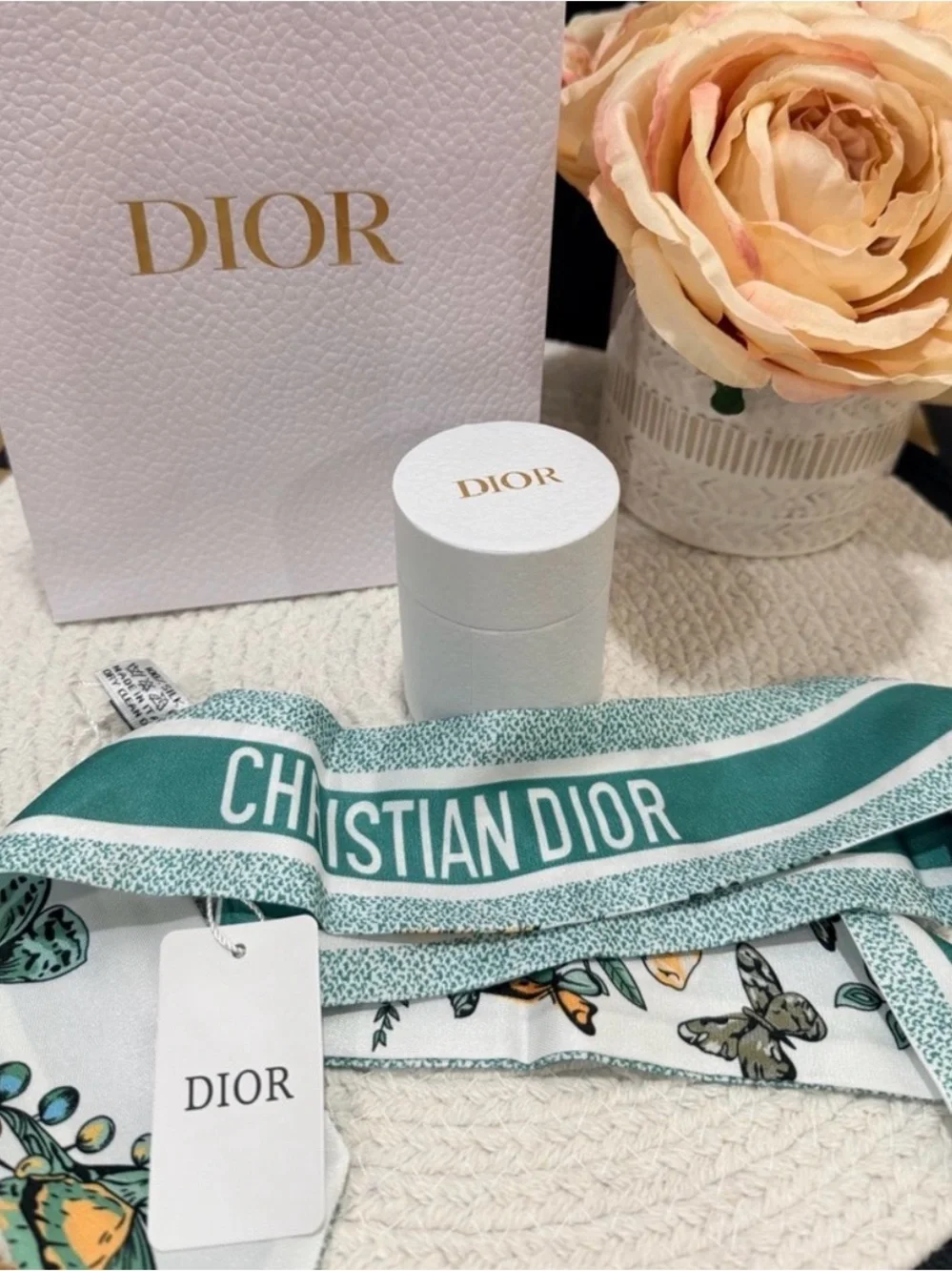 Dior Butterfly & Floral Silk Scarf W Dior Box & Gift Bag Set- Pink/Green/Blue